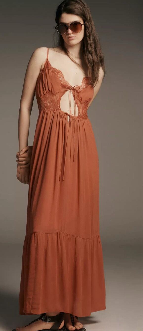 Anthropologie LET ME BE Sleeveless Cutout Maxi Slip Dress in Brick L NWT $168